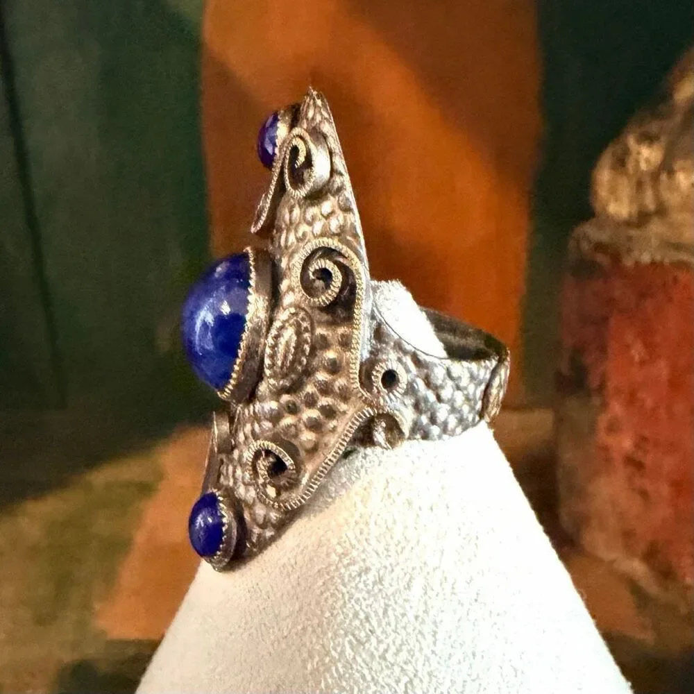 NEMCO Sculptural Silver Tone Statement Ring with Blue Cabochons